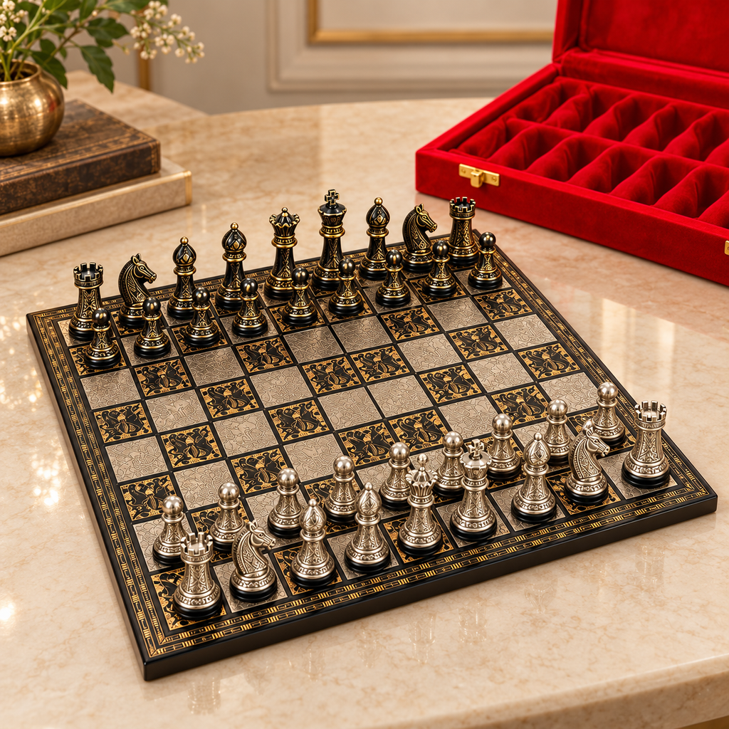 Premium Decorative Metallic Chess Set with Luxury Red Velvet Gift Box