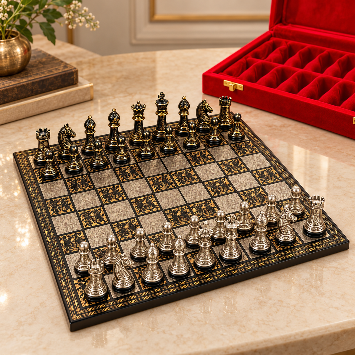 Premium Decorative Metallic Chess Set with Luxury Red Velvet Gift Box