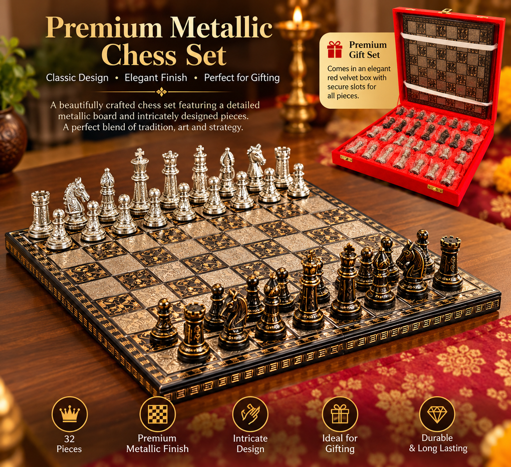 Premium Decorative Metallic Chess Set with Luxury Red Velvet Gift Box