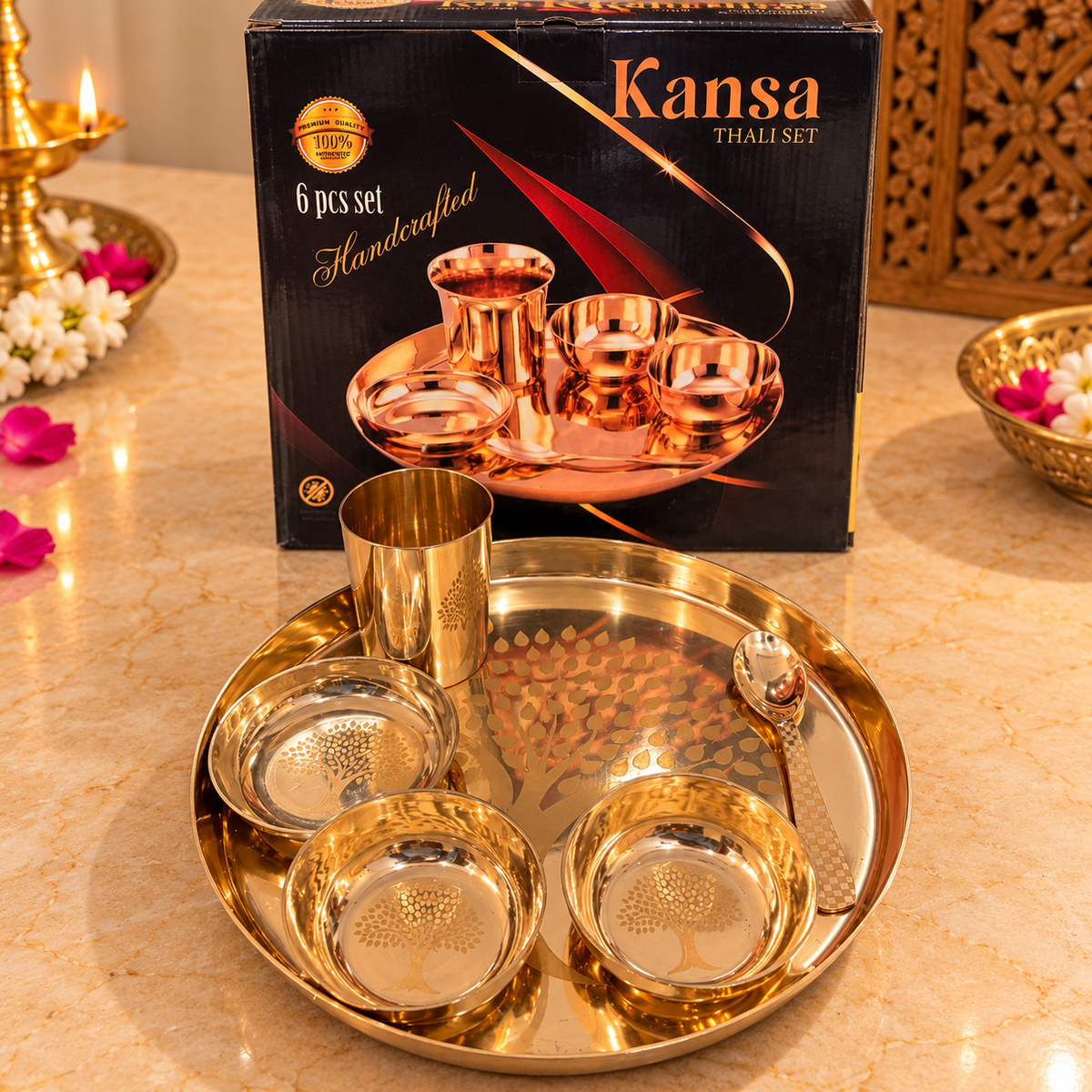 Pure Kansa Thali Dinner Set – 14 Inch Bronze 6-Piece Set