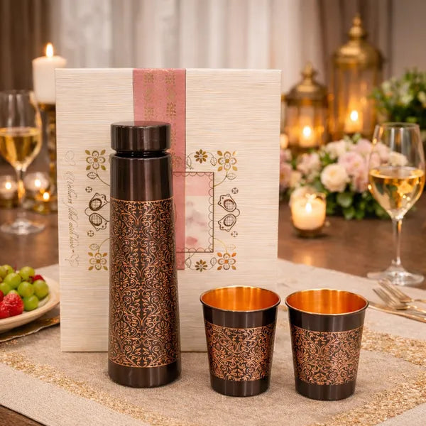 Luxury Engraved Antique Copper Water Bottle Set with two glasses and gift box