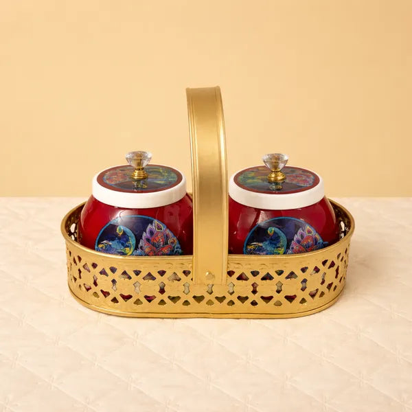 Golden Finish Basket With Jars