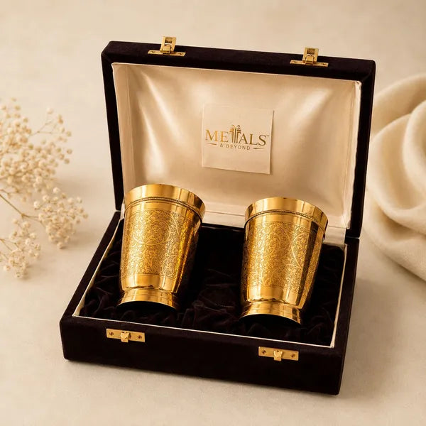 Golden Finish Brass Engraved Glass Set Of 2